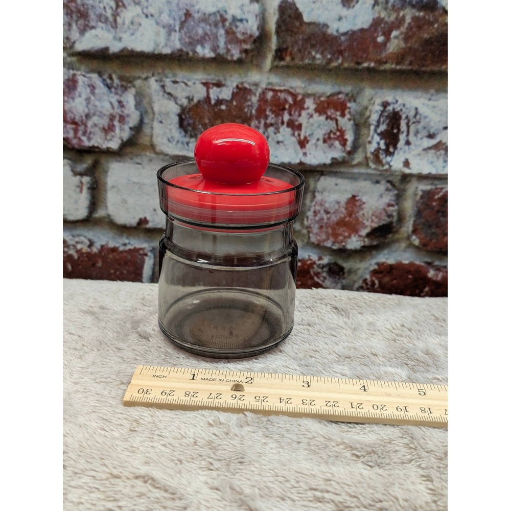 Vintage MCM Smoky Plastic Container Red Lid Hong Kong Toothpick Jar Retro Atomic